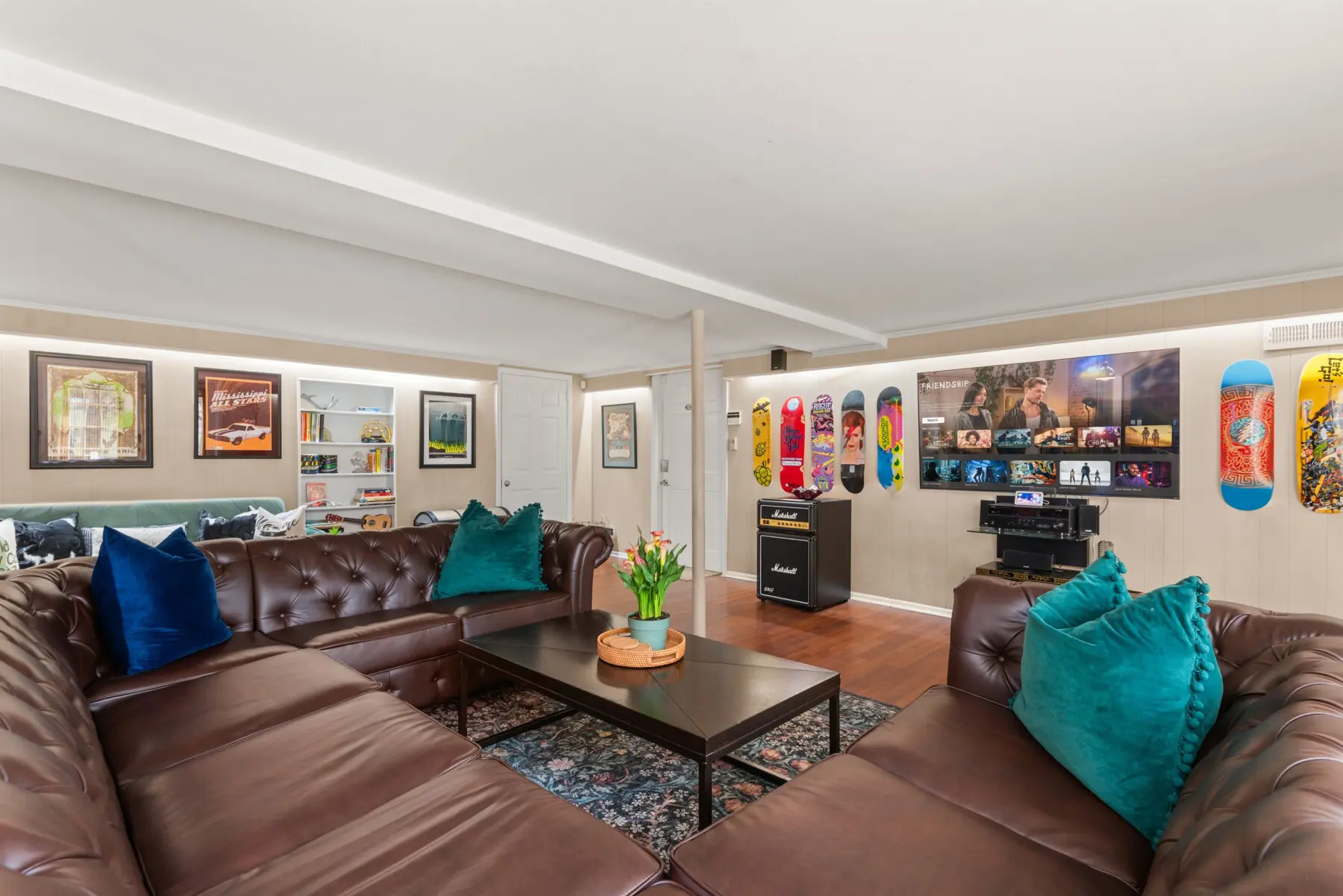 The Lounge basement entertainment space at Magnolia — full bar and karaoke setup