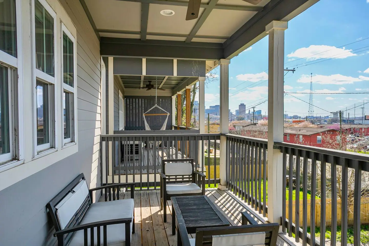 View from Cumberland Retreat balcony — Downtown Nashville skyline and RiverNorth corridor