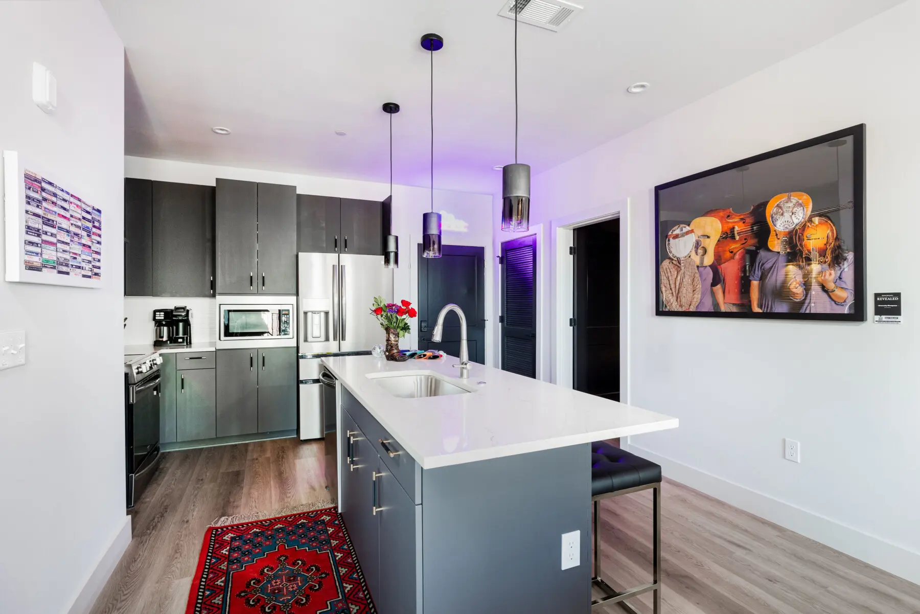 Honky Tonk Party Pad 1 dark slate kitchen Edison lighting Nashville vacation rental book direct Music City Magnolia