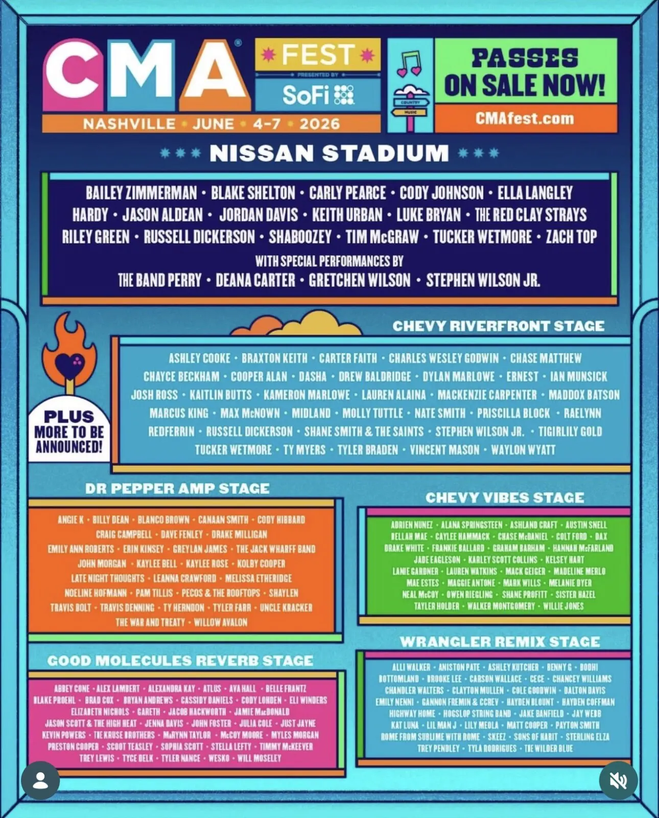 CMA Fest 2026 Nissan Stadium full lineup poster featuring Bailey Zimmerman Blake Shelton Carly Pearce Cody Johnson Ella Langley Hardy Jason Aldean Jordan Davis Keith Urban Luke Bryan The Red Clay Strays Riley Green Russell Dickerson Shaboozey Tim McGraw Tucker Wetmore Zach Top with The Band Perry Deana Carter Gretchen Wilson and Stephen Wilson Jr