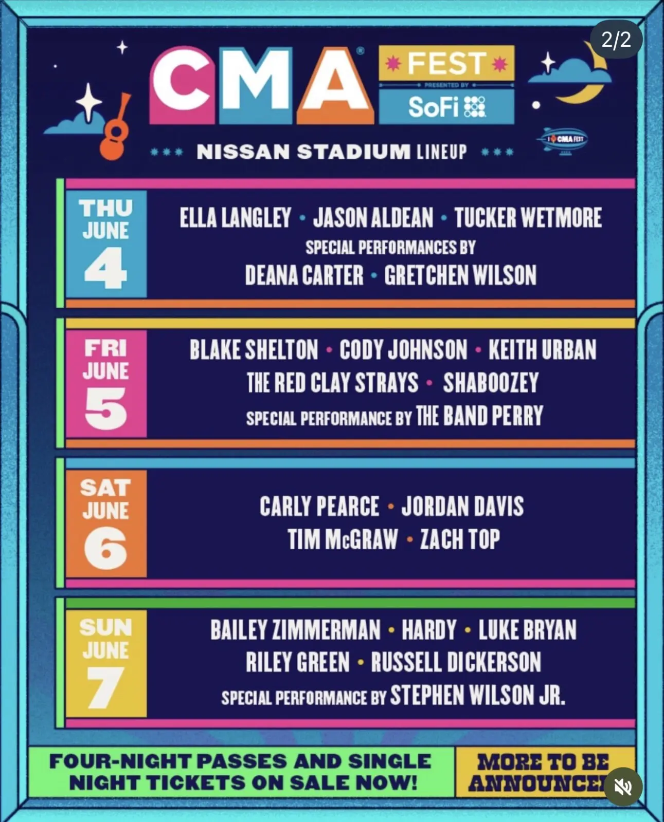 CMA Fest 2026 Nissan Stadium night by night headliner breakdown showing Thursday June 4 Ella Langley Jason Aldean Tucker Wetmore Deana Carter Gretchen Wilson Friday June 5 Blake Shelton Cody Johnson Keith Urban The Red Clay Strays Shaboozey The Band Perry Saturday June 6 Carly Pearce Jordan Davis Tim McGraw Zach Top Sunday June 7 Bailey Zimmerman Hardy Luke Bryan Riley Green Russell Dickerson Stephen Wilson Jr
