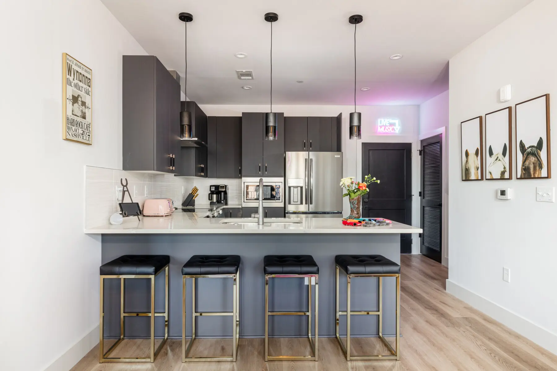 Honky Tonk Party Pad 2 fully stocked kitchen gold flatware Nashville vacation rental Music City Magnolia