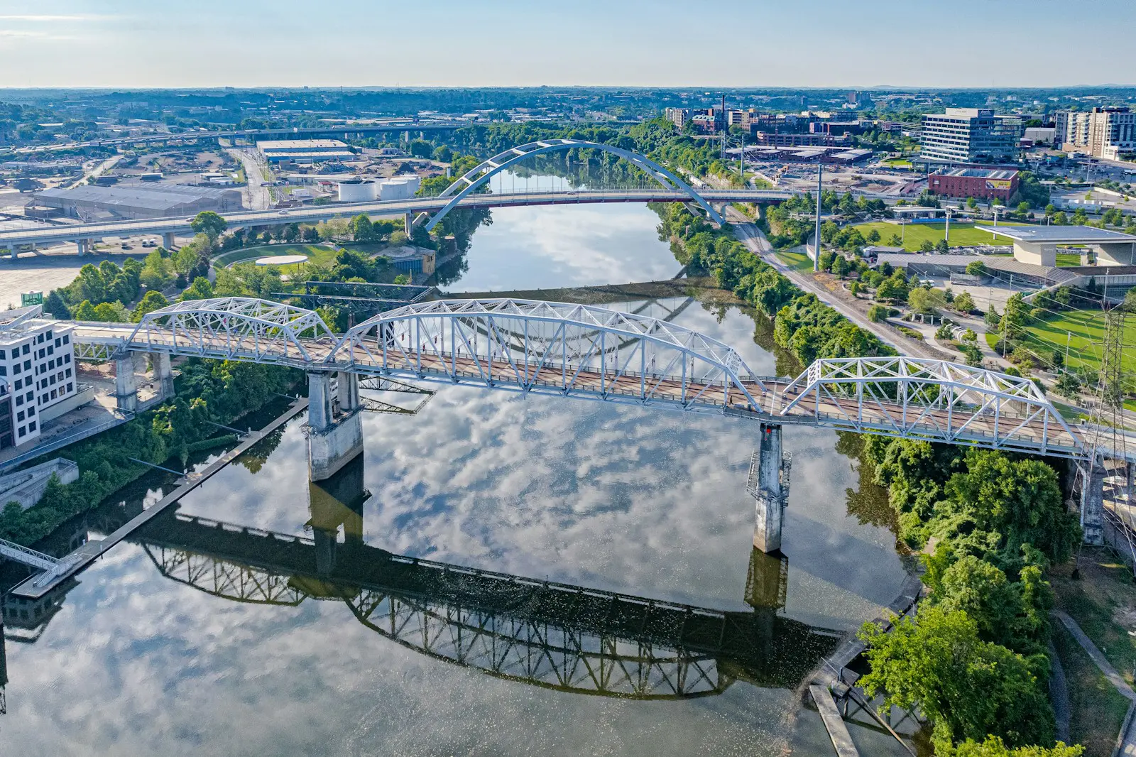 Aerial view of the John Seigenthaler Pedestrian Bridge over the Cumberland River in Nashville