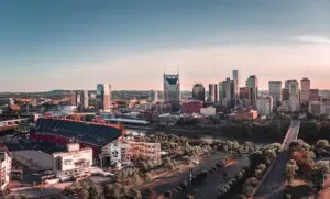 Downtown Nashville skyline along the Cumberland River with Nissan Stadium visible