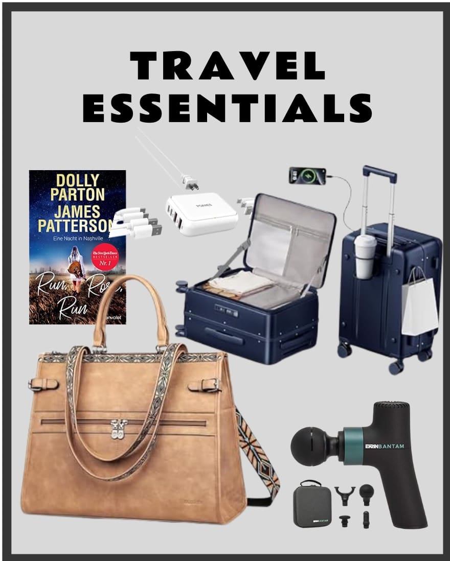 Travel Essentials including lightweight carry-on luggage with charging port, leather personal item bag, percussion massage gun, Dolly Parton Run Rose Run book, and travel charging station