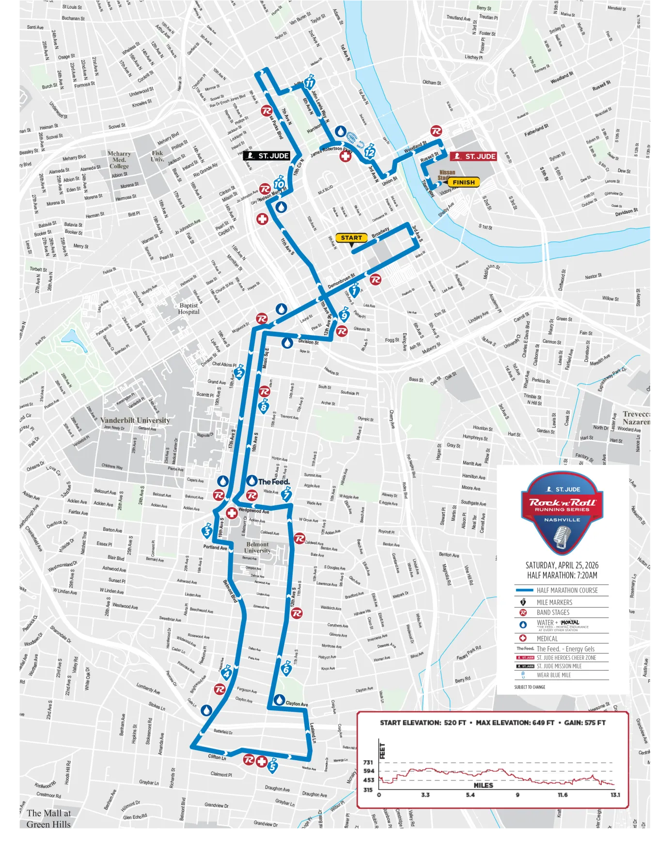 Official Rock n Roll Nashville 2026 Half Marathon course map showing 13.1 mile route through downtown Nashville neighborhoods