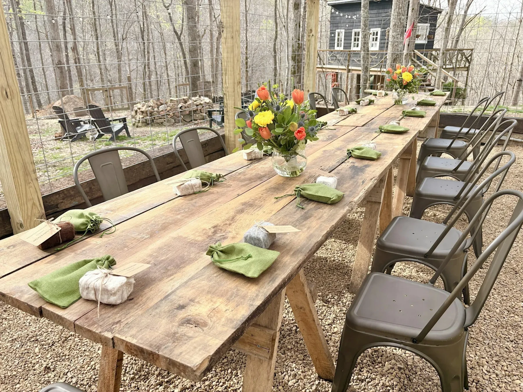 The Gilded Greenhouse open-air event space at Fiber, Feather and Fur Farm