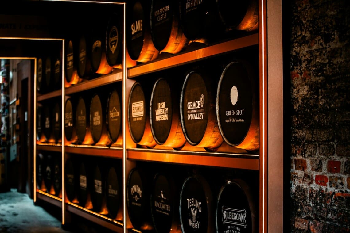 Rows of whiskey barrels in a Tennessee distillery rickhouse