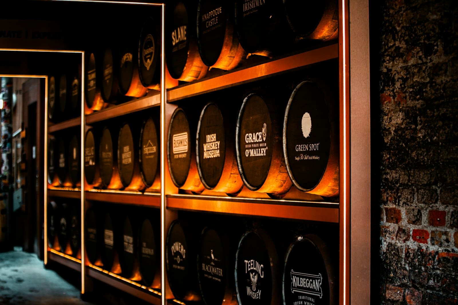 Rows of whiskey barrels in a Tennessee distillery rickhouse