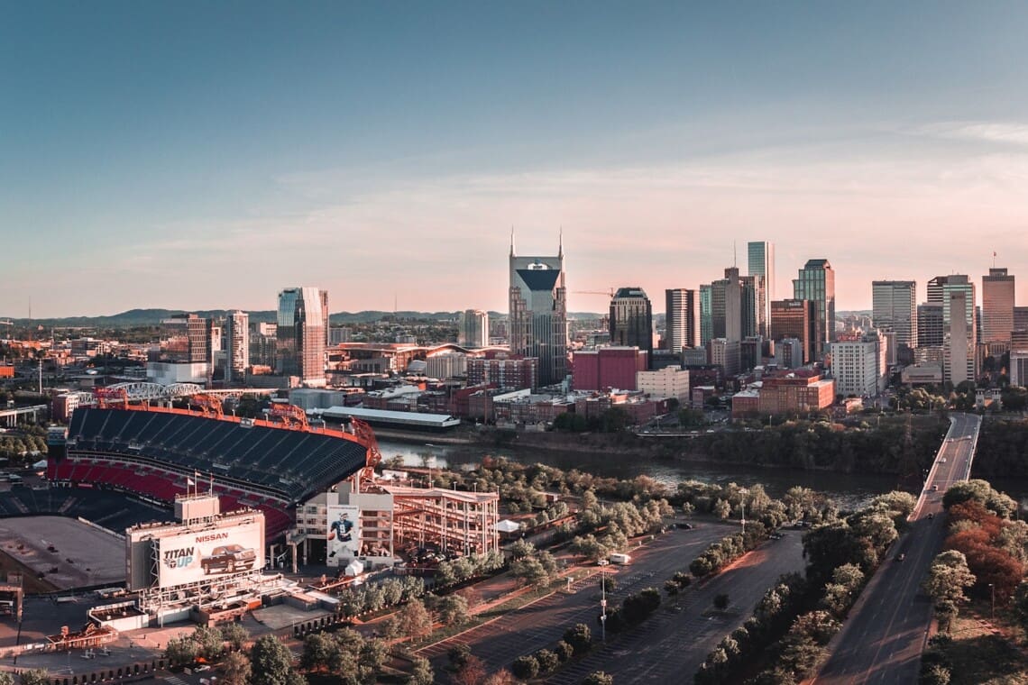 Downtown Nashville skyline along the Cumberland River with Nissan Stadium visible