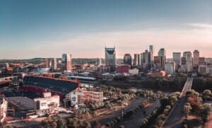 Downtown Nashville skyline along the Cumberland River with Nissan Stadium visible
