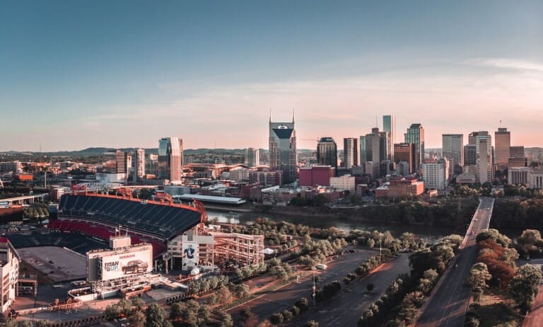 Downtown Nashville skyline along the Cumberland River with Nissan Stadium visible