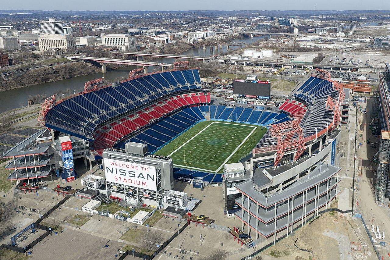 Aerial view of Nissan Stadium and the Cumberland River, Nashville — home of the Tennessee Titans