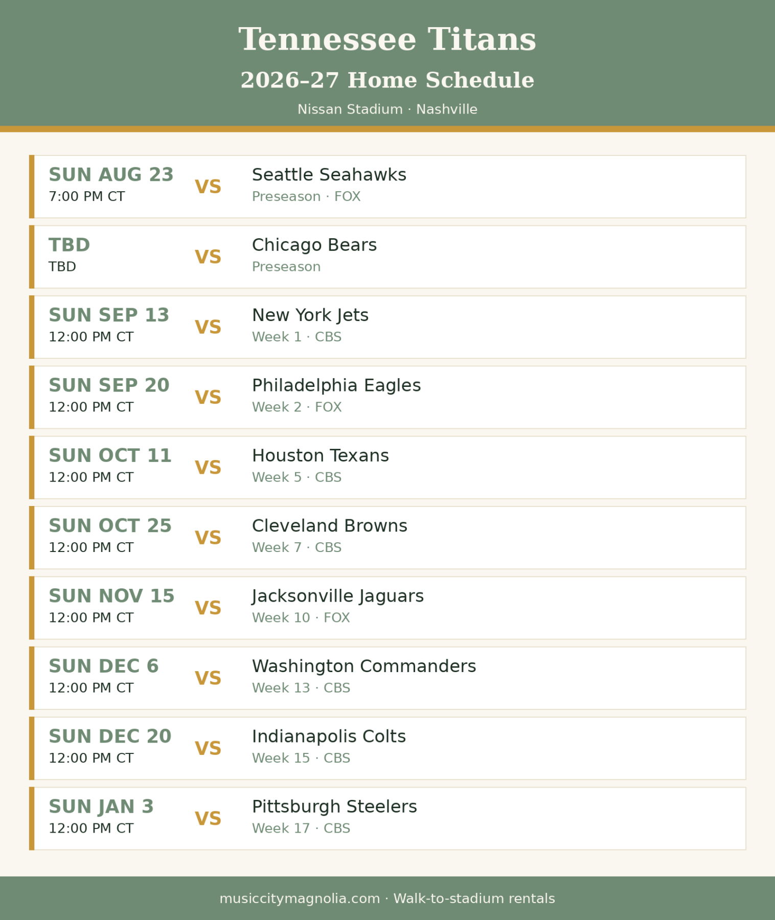 Tennessee Titans 2026-27 home schedule at Nissan Stadium — Jets, Eagles, Texans, Browns, Jaguars, Commanders, Colts, Steelers