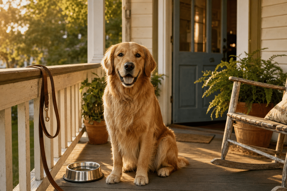 Golden retriever dog sitting on a Nashville craftsman porch at golden hour with a leash on the railing and water bowl nearby — dog-friendly Nashville vacation rentals