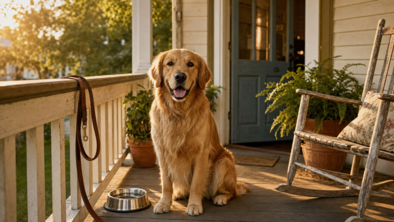 Golden retriever dog sitting on a Nashville craftsman porch at golden hour with a leash on the railing and water bowl nearby — dog-friendly Nashville vacation rentals