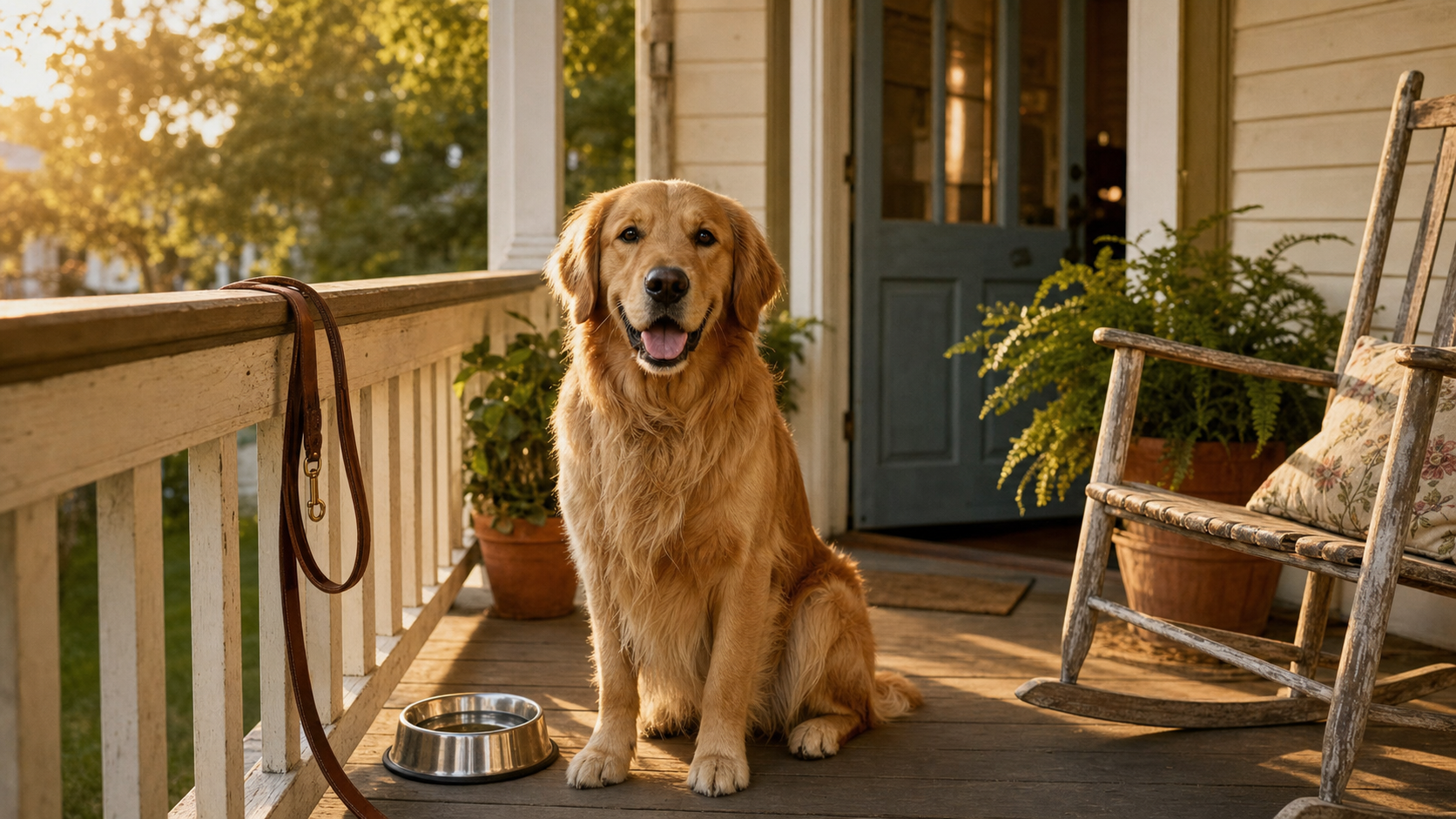 Golden retriever on a Nashville craftsman porch at golden hour — dog-friendly Nashville vacation rental welcome