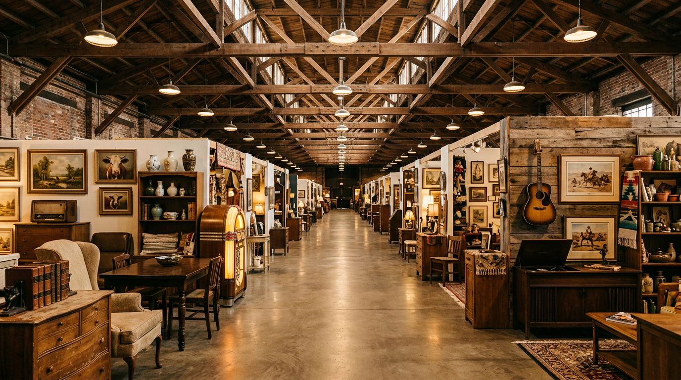 Nashville Music Valley antique mall interior — long aisle of vintage booths with mid-century furniture, a jukebox, framed art, and a vintage guitar under warm pendant lights and exposed wood-beam ceilings