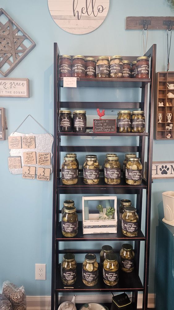 Mill Creek Mercantile interior in Donelson — house-made pickles and preserves display