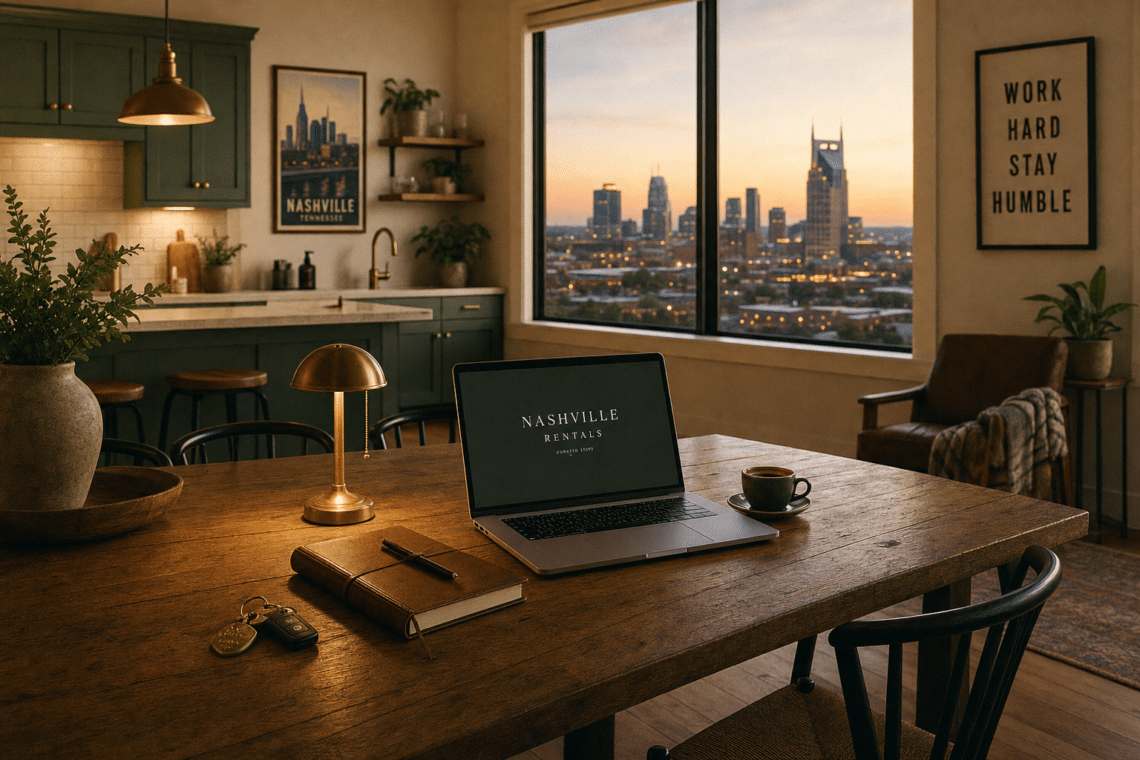 A laptop and leather notebook on a dining table inside a Nashville vacation rental, with the Nashville skyline at dusk visible through the kitchen window