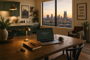 A laptop and leather notebook on a dining table inside a Nashville vacation rental, with the Nashville skyline at dusk visible through the kitchen window