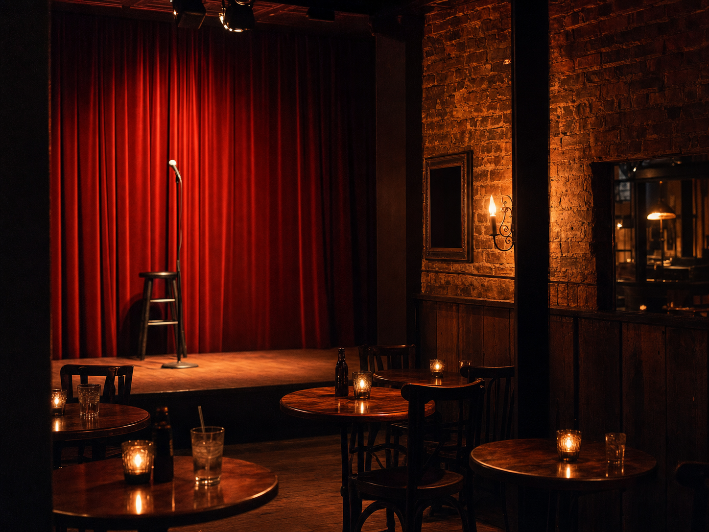 Zanies comedy club interior with red curtain and stage
