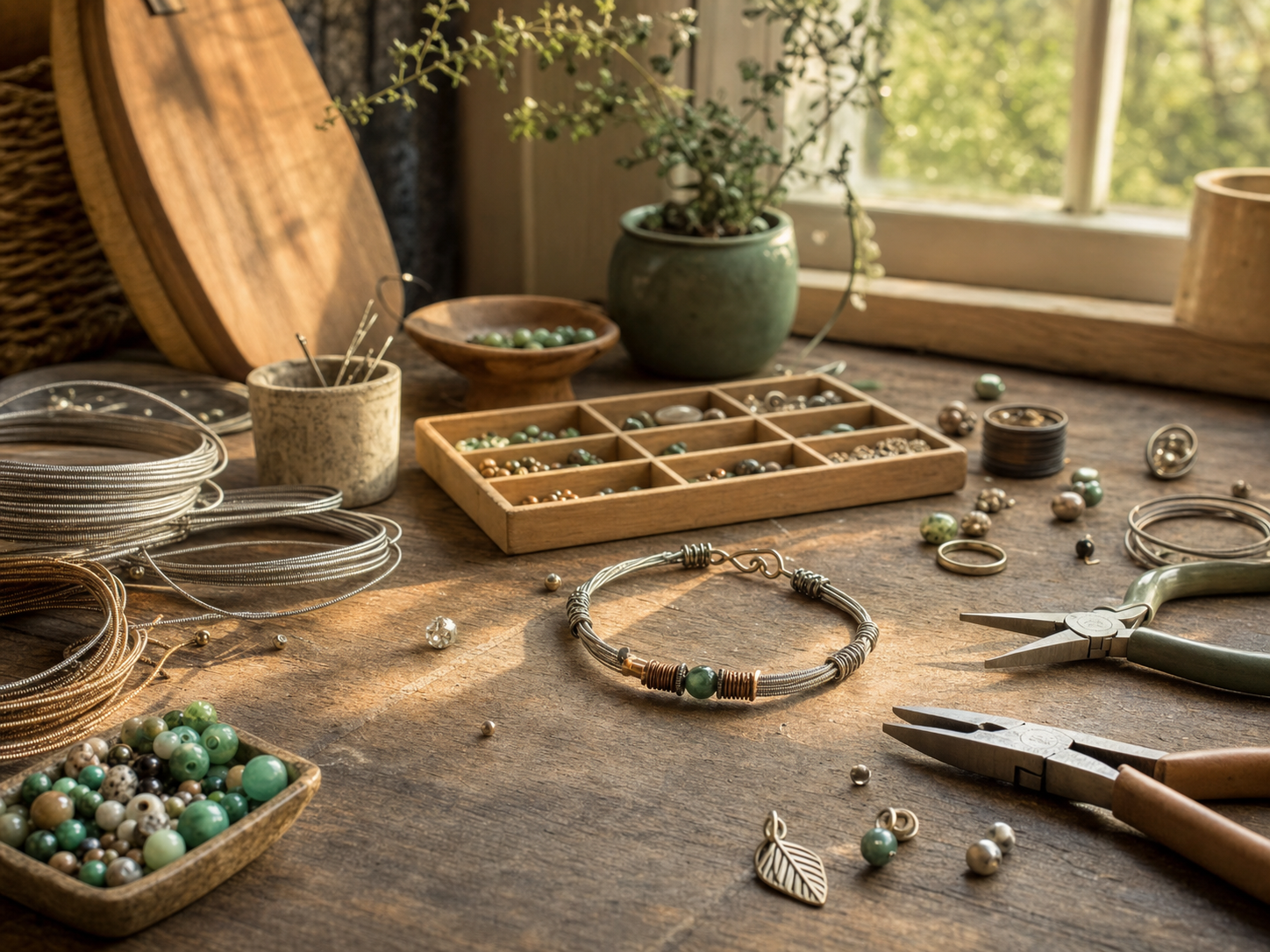 Guitar string jewelry workshop table with beads, wire, and tools