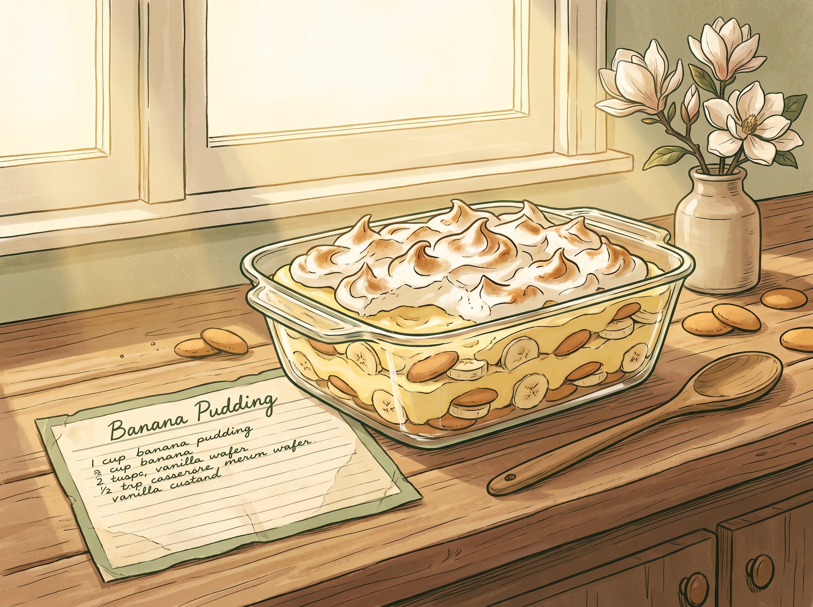 Southern homemade banana pudding with vanilla wafers and meringue peaks on a rustic kitchen counter with magnolia blossoms