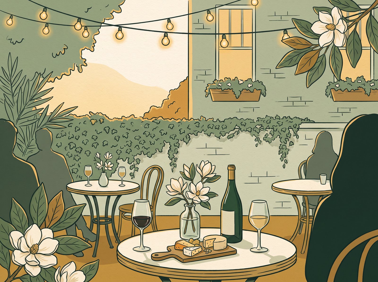 Birdie's Wine Bar patio in East Nashville with string lights and magnolia blossoms