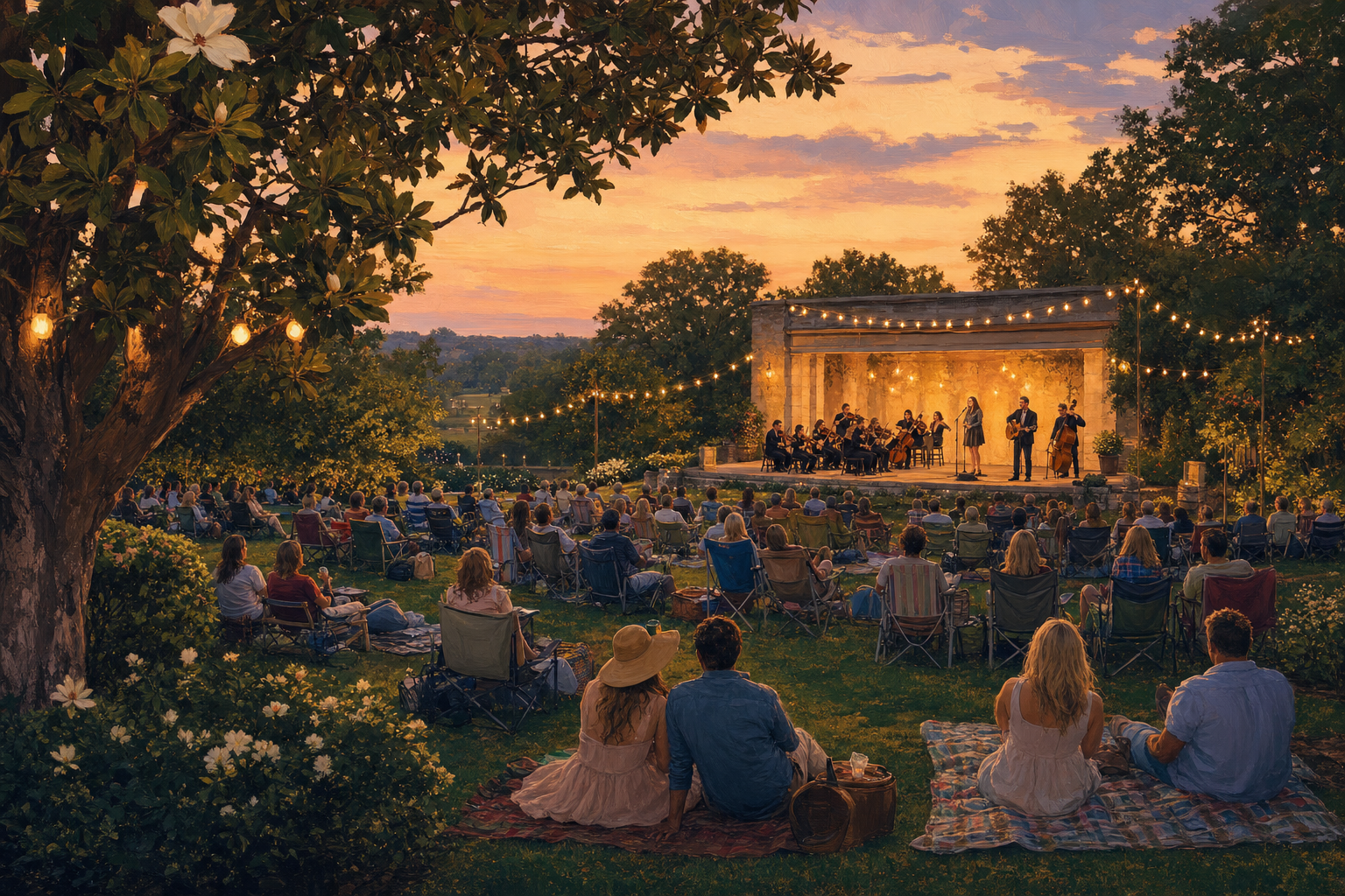 Songwriters Under the Stars at Cheekwood Swan Lawn — outdoor concert at dusk with symphony