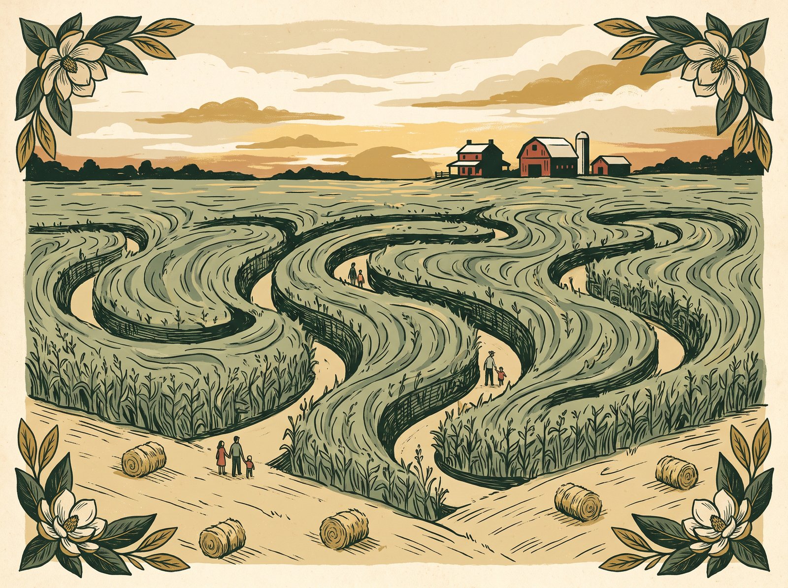 Tennessee corn maze at golden hour with winding paths, hay bales, and a dairy farm silhouette
