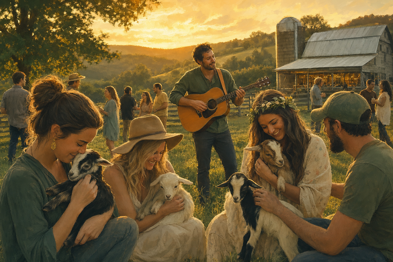 Goats and Guitars at Noble Springs Dairy — baby goats and acoustic guitar at golden hour
