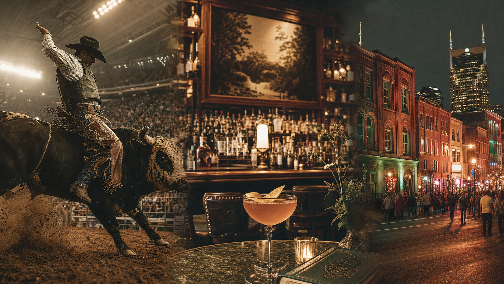 Nashville summer weekend collage — bull riding, cocktails, and Broadway