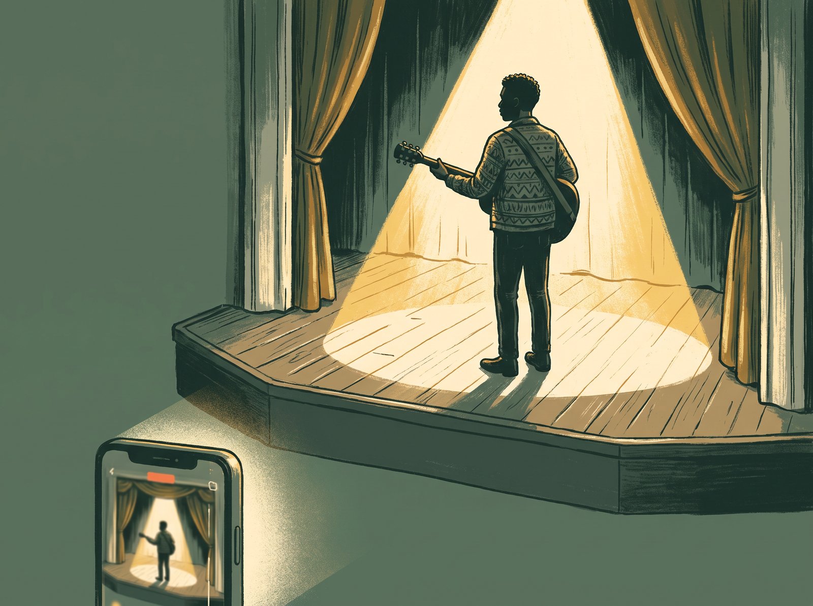 Illustration of a Nashville soul singer-songwriter on stage under a warm spotlight, phone filming a TikTok in the foreground