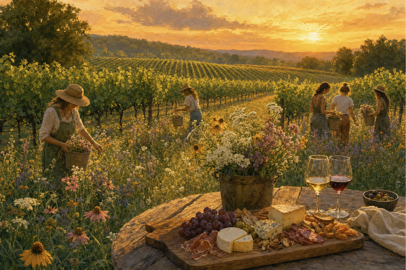 Long Hollow Gardens vineyard and wildflower fields at golden hour with charcuterie and wine
