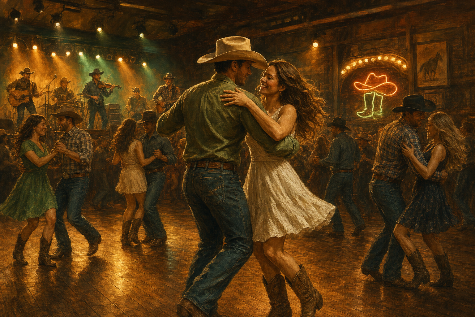 Nashville Palace two-step and country dance floor with live band and neon signs