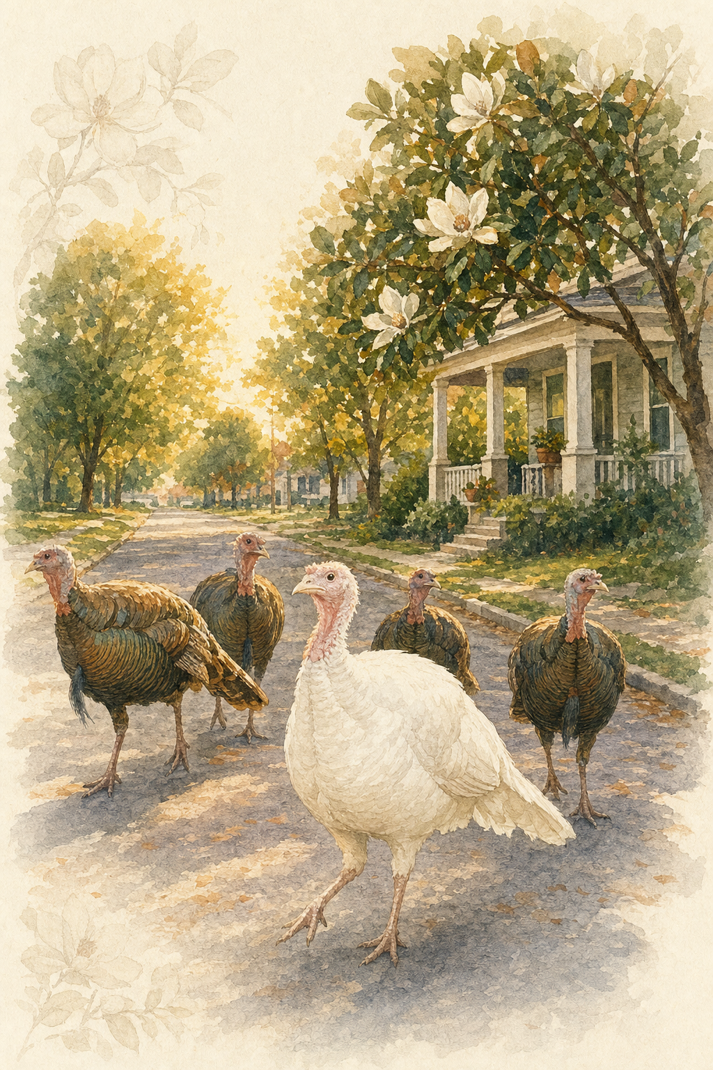 Watercolor illustration of Inglewood's resident wild turkeys — including the elusive albino turkey — making their rounds down a tree-lined East Nashville street