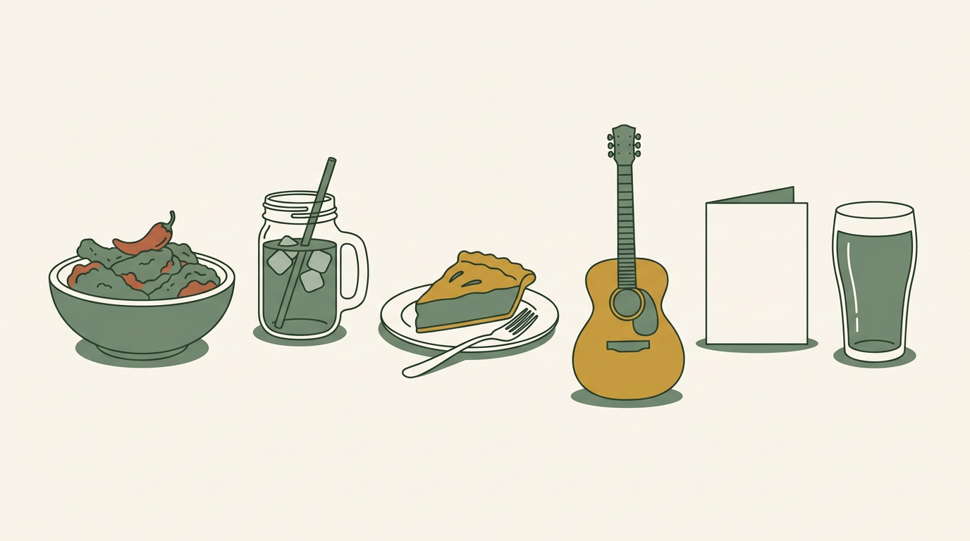Illustration of Nashville pre-event dining including hot chicken, mason jar, pie and acoustic guitar