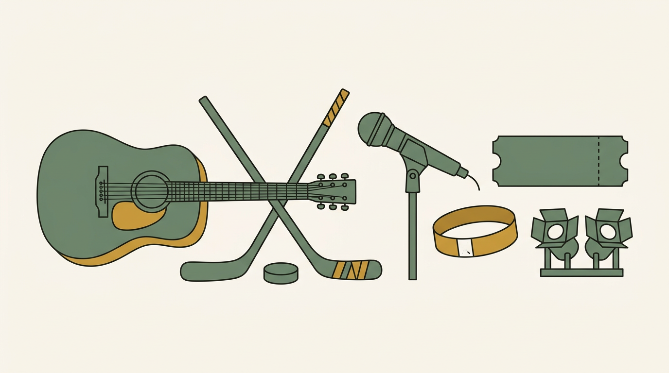 Illustration of arena event objects including guitar, hockey stick, microphone and ticket