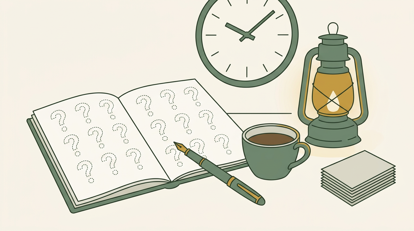 Illustration of planning objects including open notebook, fountain pen, coffee and clock