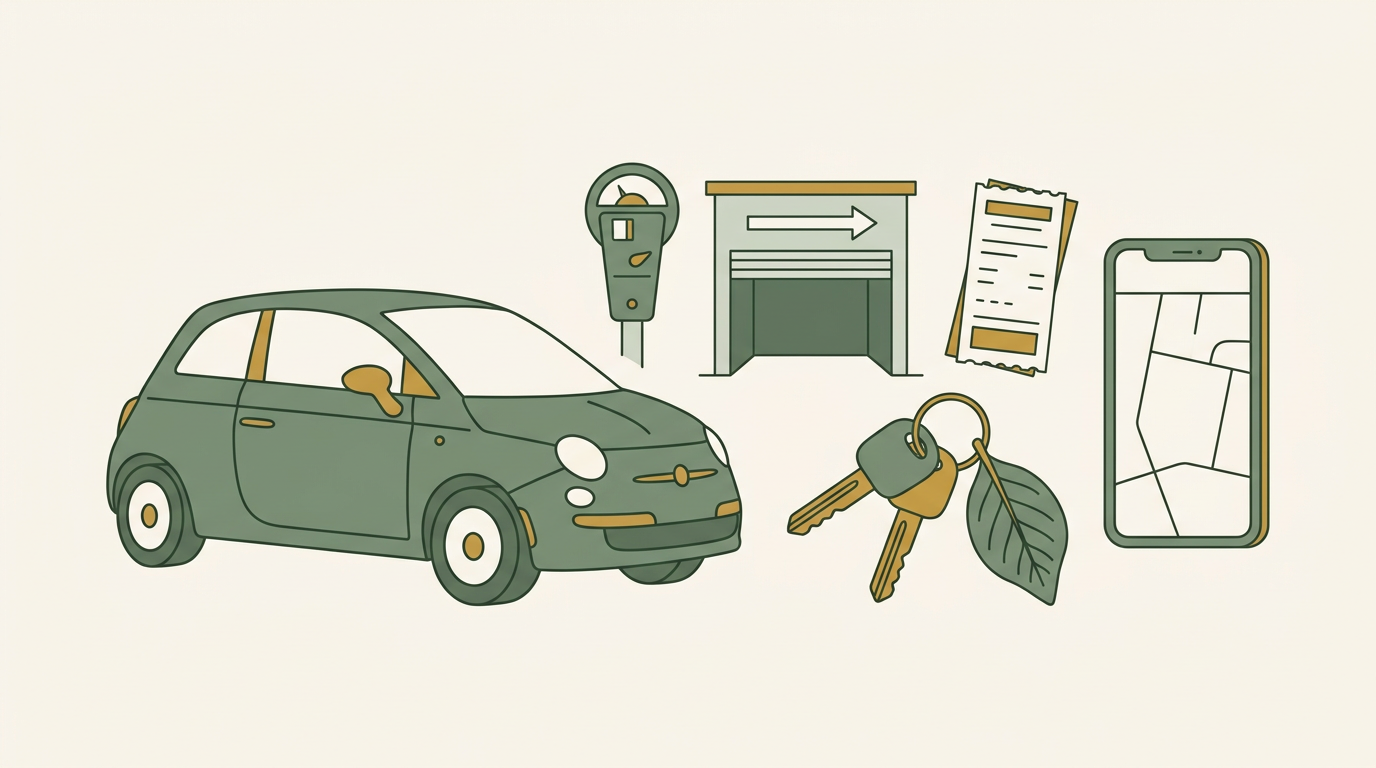 Illustration of parking and arrival objects including car, parking meter, garage sign and phone map