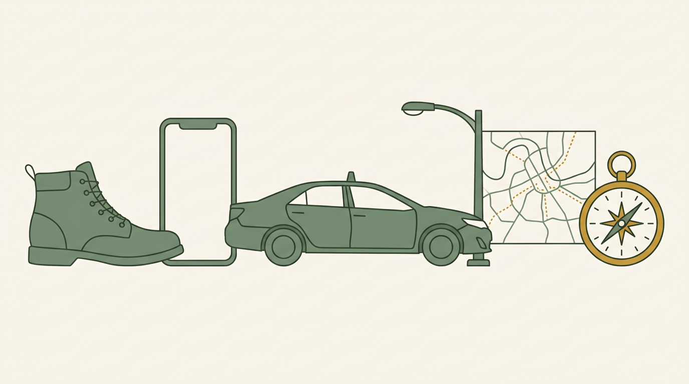 Illustration of rideshare and walking objects including boot, phone, sedan and map
