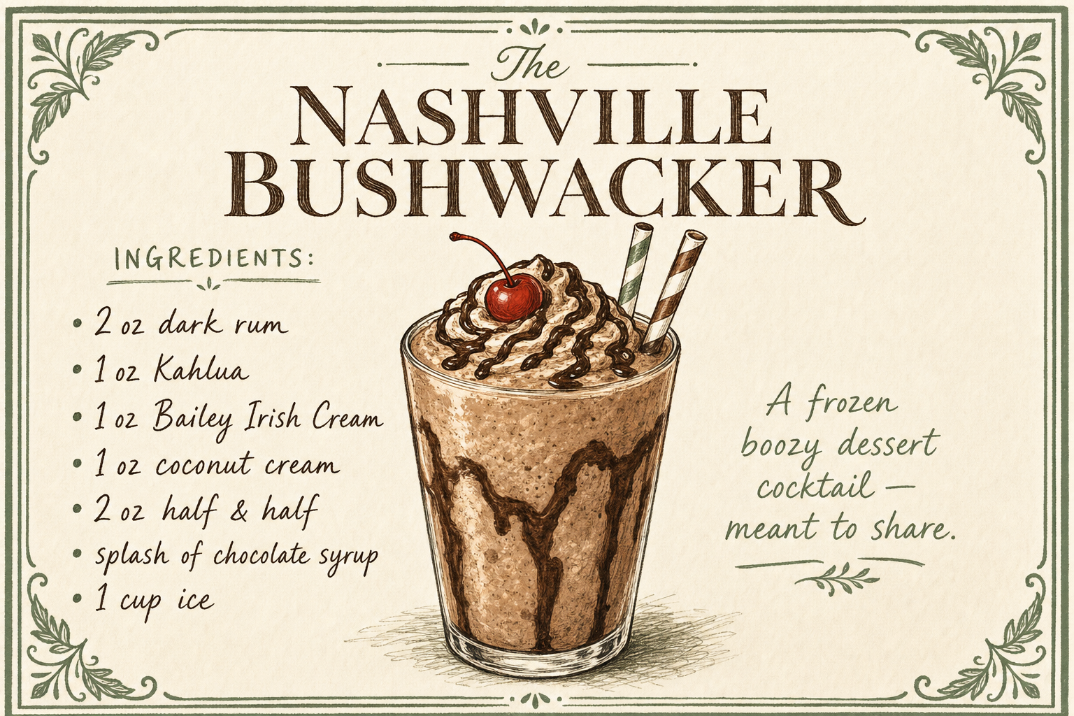 Nashville Bushwacker recipe illustration — 2 oz dark rum, 1 oz Kahlua, 1 oz Bailey's Irish Cream, 1 oz coconut cream, 2 oz half & half, splash of chocolate syrup, blended with ice