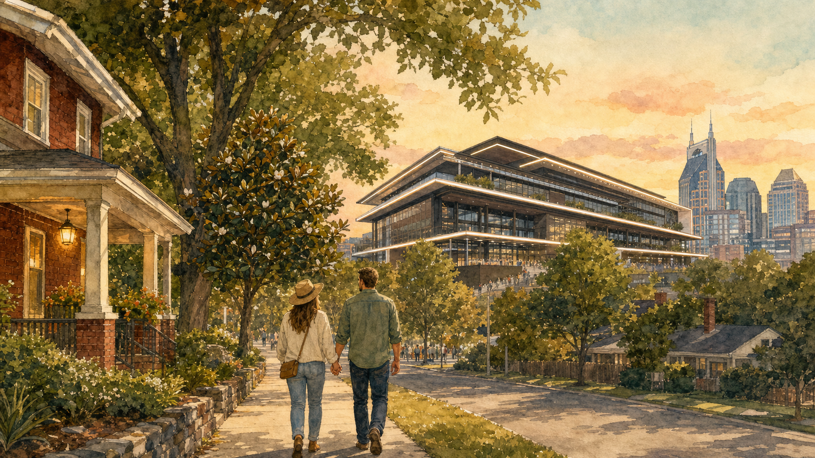 Watercolor illustration of a couple walking hand-in-hand down a tree-lined East Nashville sidewalk toward the new Nissan Stadium at sunset, with the Nashville skyline visible in the distance