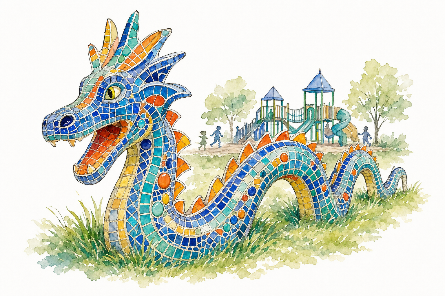 Illustration of Nashville's Dragon Park mosaic sea-serpent sculpture