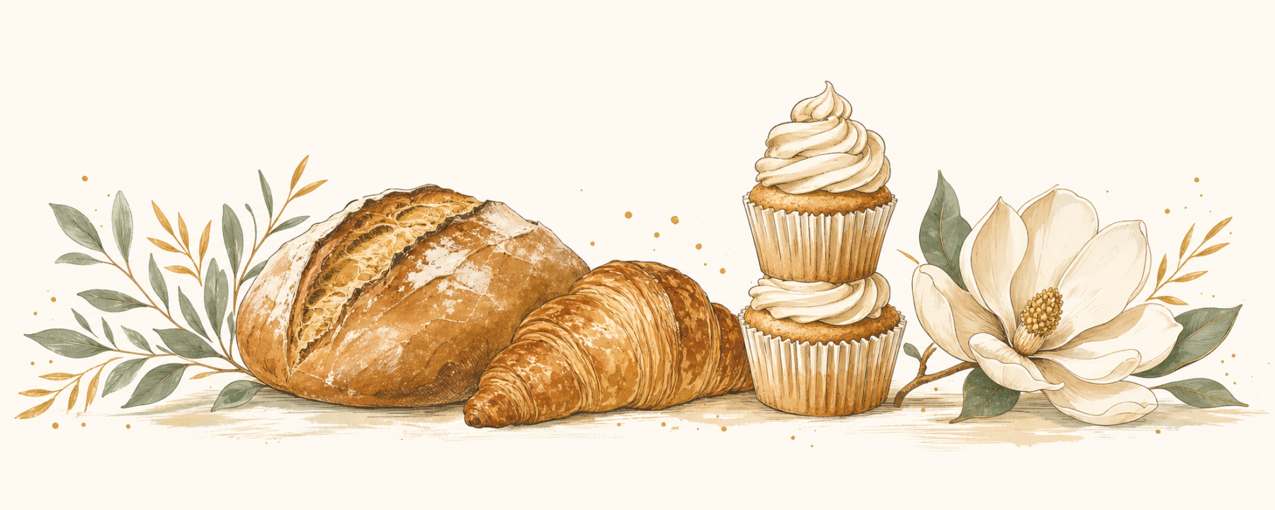 Illustrated bakery scene — sourdough loaf, croissant, cupcakes with buttercream, and a magnolia blossom