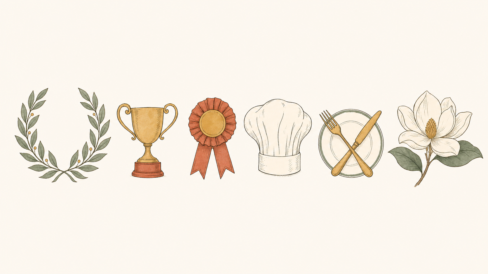 Illustrated laurel wreath, trophy, ribbon, chef's hat, plate with fork and knife, and a magnolia