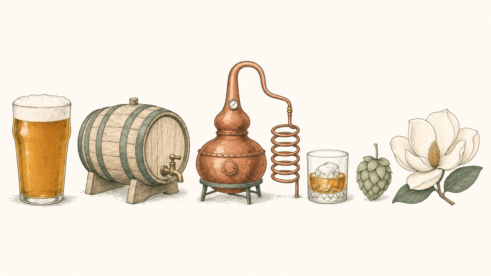 Illustrated pint of beer, oak barrel, copper still, whiskey glass, hop cone, and a magnolia