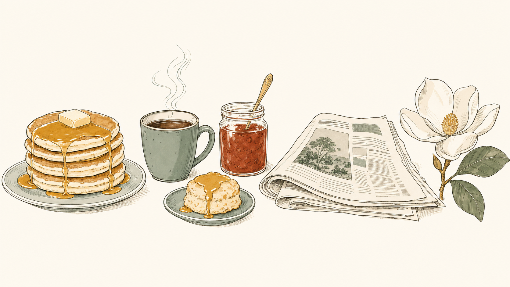 Illustrated pancake stack, coffee cup, mimosa, egg skillet, and a magnolia