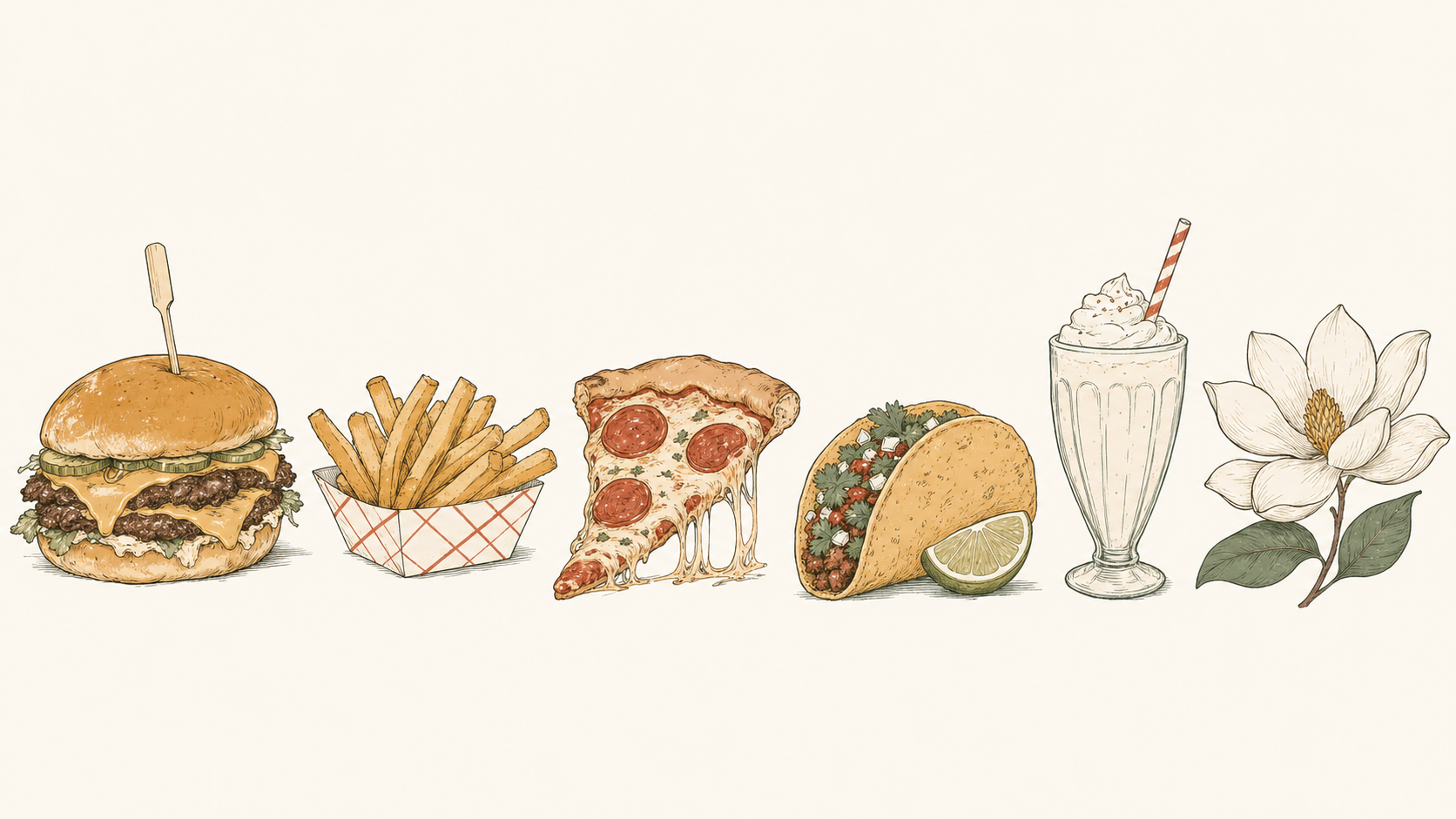 Illustrated taco, burger, pint glass, sandwich, and a magnolia